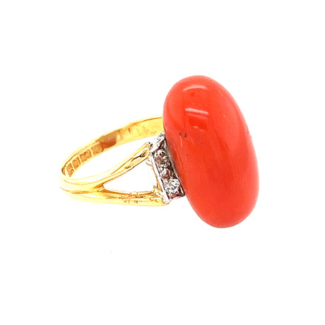 Vintage 22ct gold ring with coral and old cut diamonds