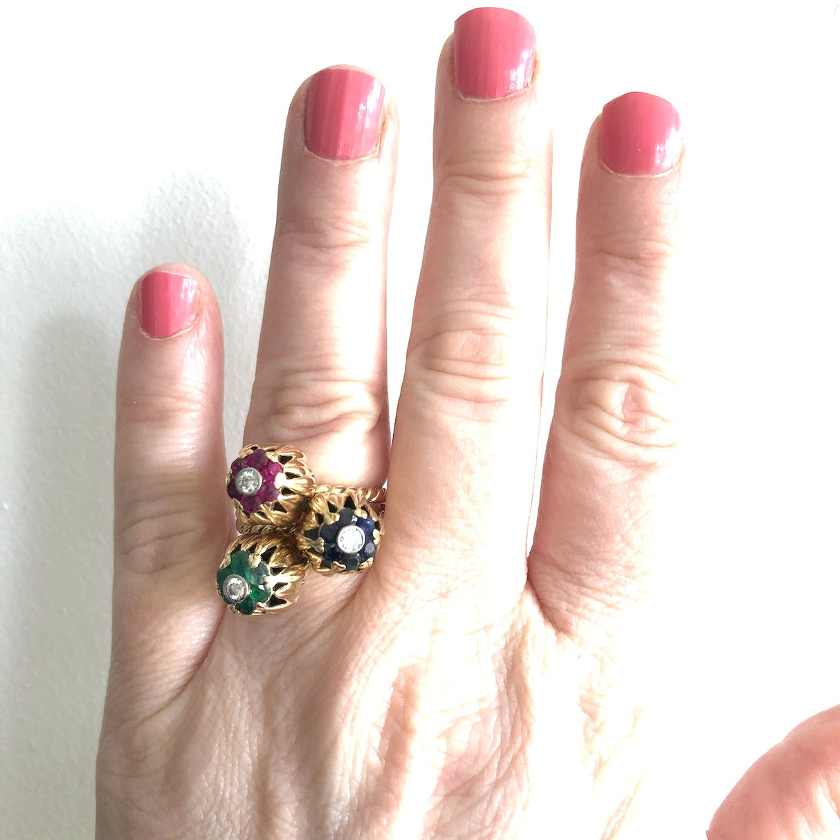 Mid-Century Gold, Ruby, Sapphire, Emerald & Diamond Triple Stacking Ring Set