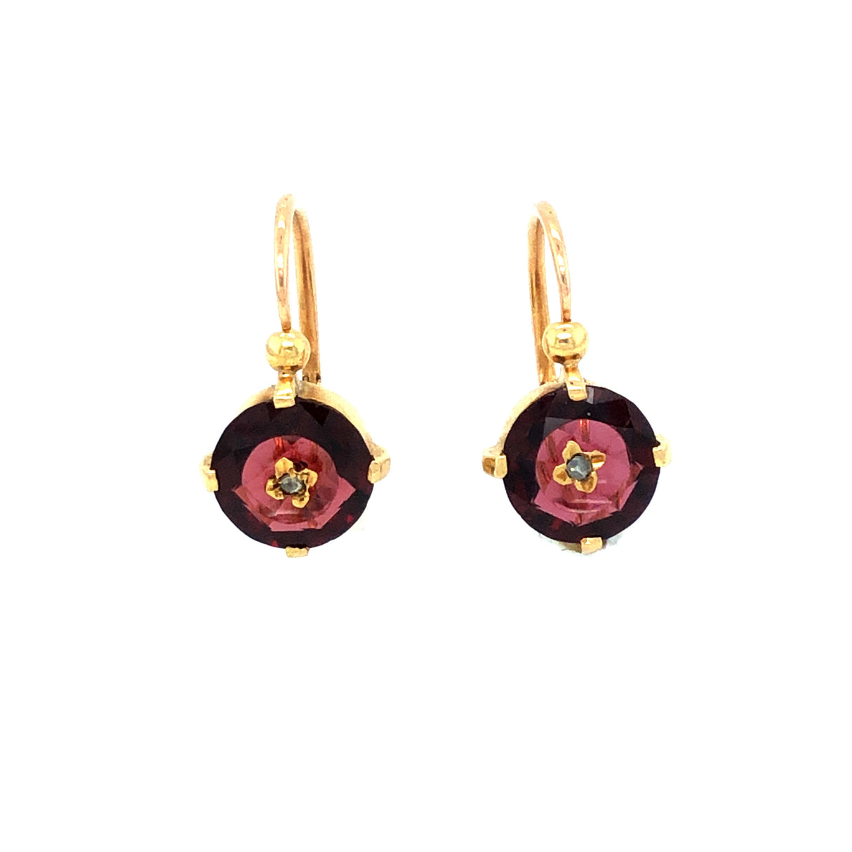 14K Gold, Garnet and Diamond Dormeuse Earrings The Vintage Jewellery Company