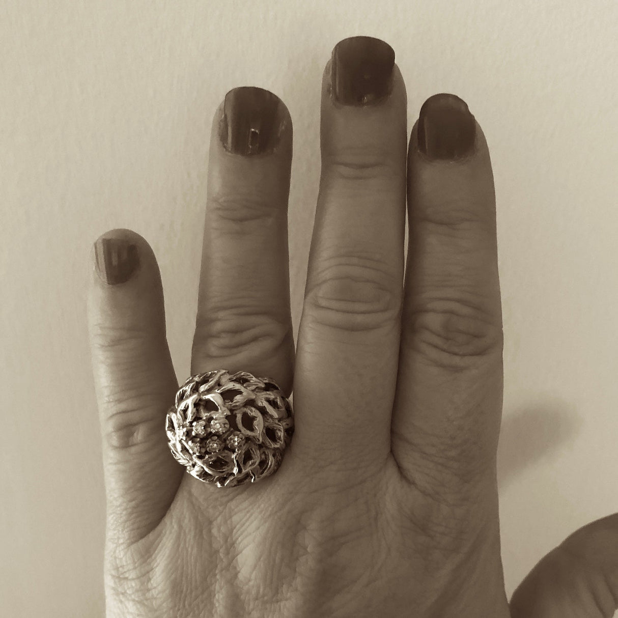 1960s Italian Diamond Bombe Ring with abstract textured foliate design The Vintage Jewellery Company