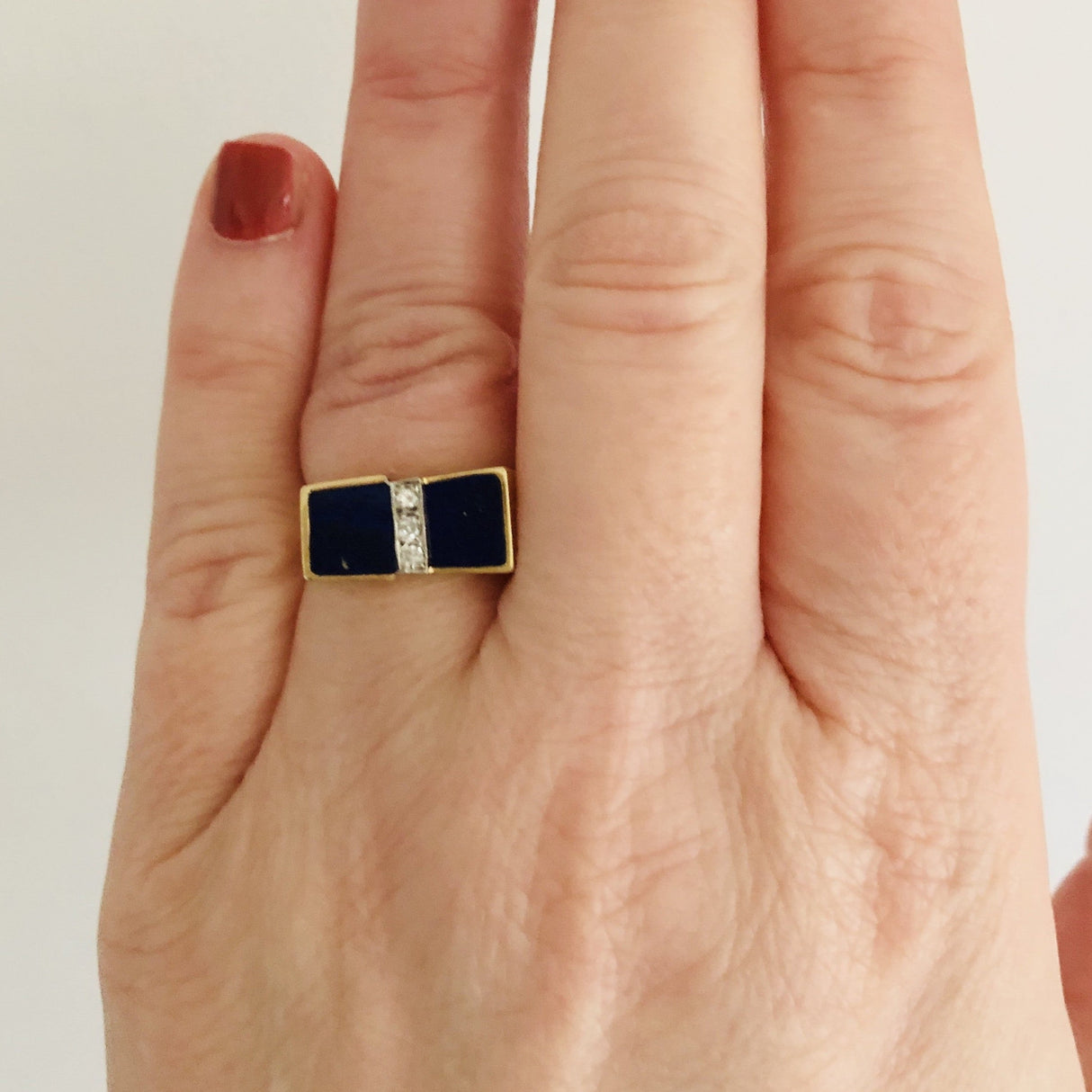 1970s 14ct Gold Lapis Lazuli & Diamond Dress Ring The Vintage Jewellery Company