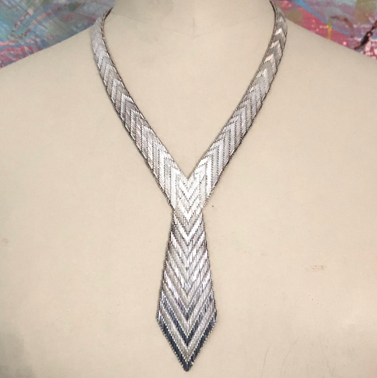 1970s Silver Tie Necklace with Chevron Detail