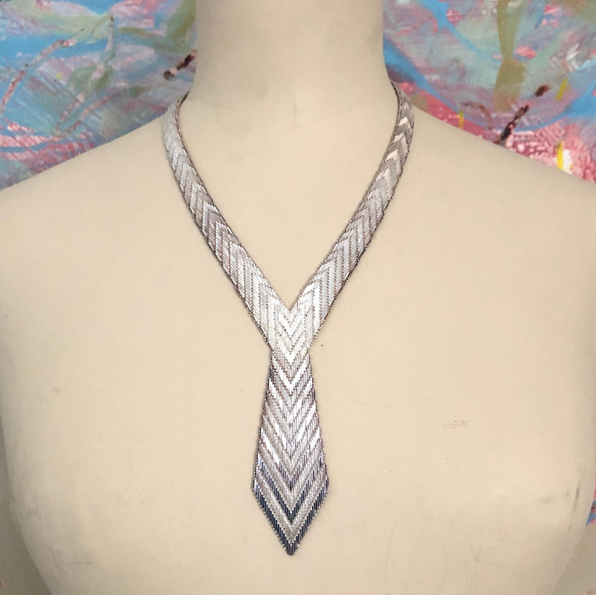 1970s Silver Tie Necklace with Chevron Detail