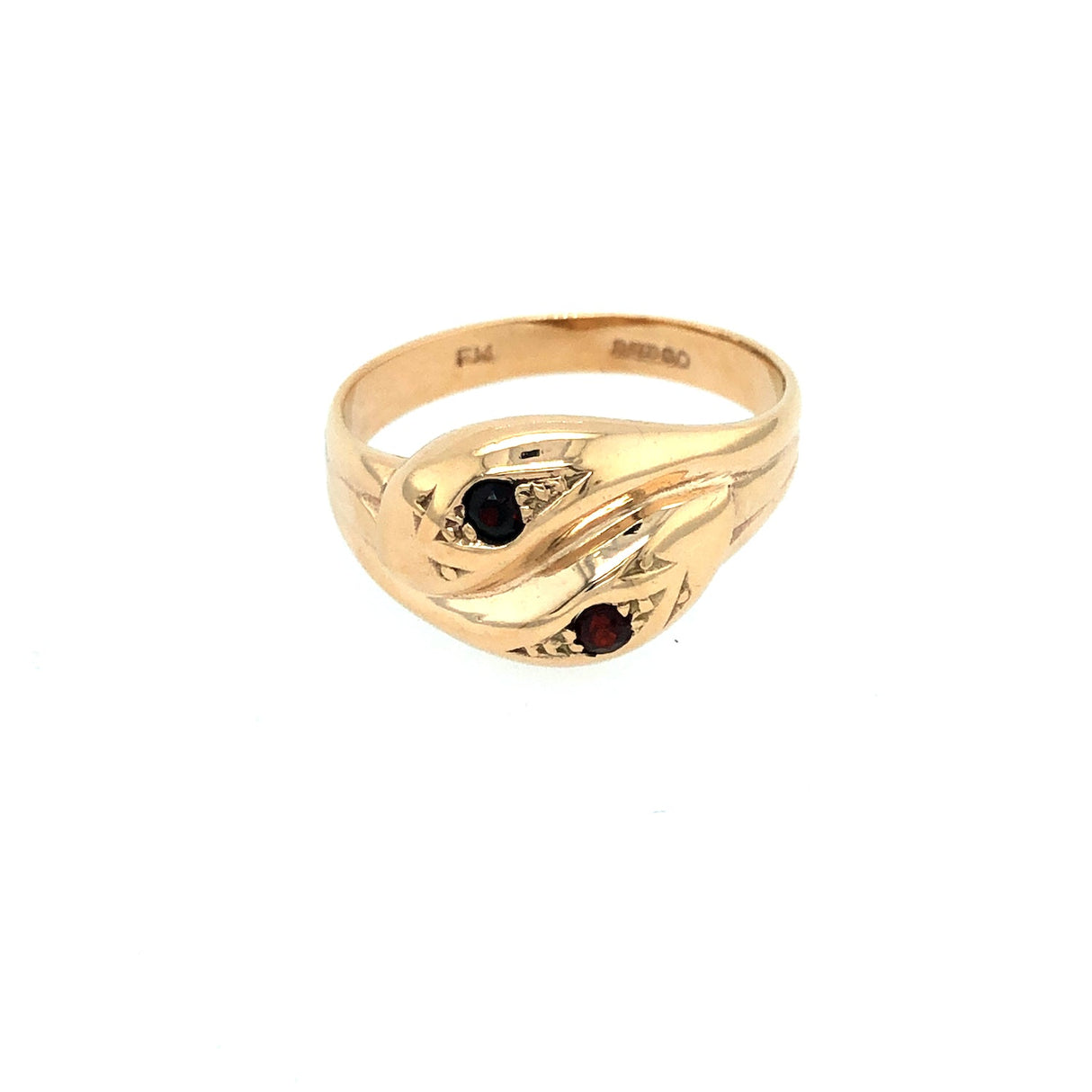 9K Gold Entwined Snake Ring With Garnet Heads The Vintage Jewellery Company