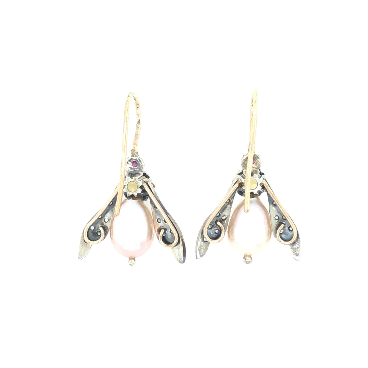 9K Gold Insect Vintage Earrings with Topaz, Ruby and Pearl The Vintage Jewellery Company