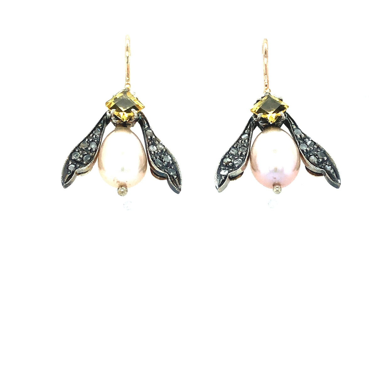 9K Gold Insect Vintage Earrings with Topaz, Ruby and Pearl The Vintage Jewellery Company