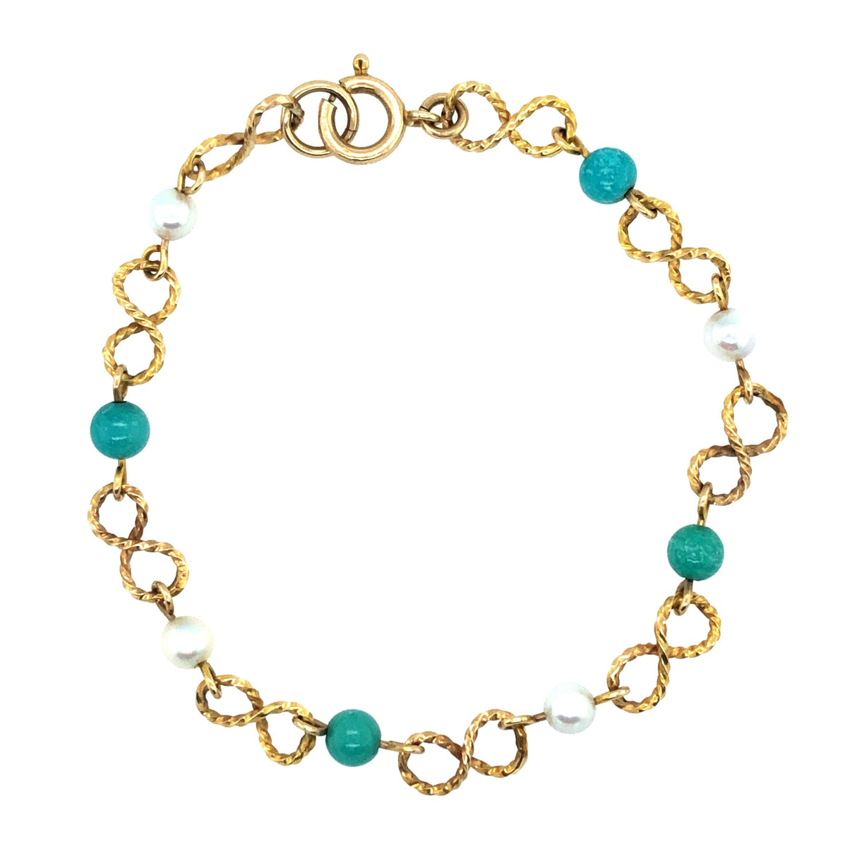 9k Gold Infinity Link Vintage Bracelet with Pearl & Turquoise Beads The Vintage Jewellery Company