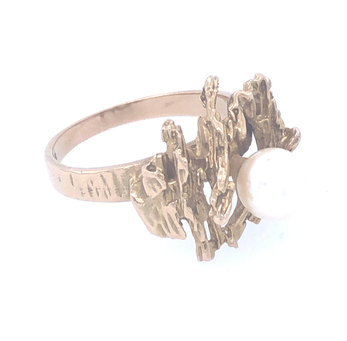 9k gold & pearl vintage ring with a textured bark design The Vintage Jewellery Company
