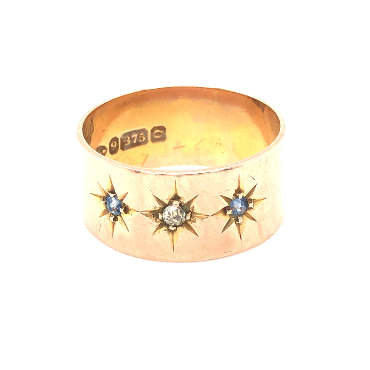 Antique 9ct Gold Cigar Band Ring with Diamond & Sapphires in Star Settings