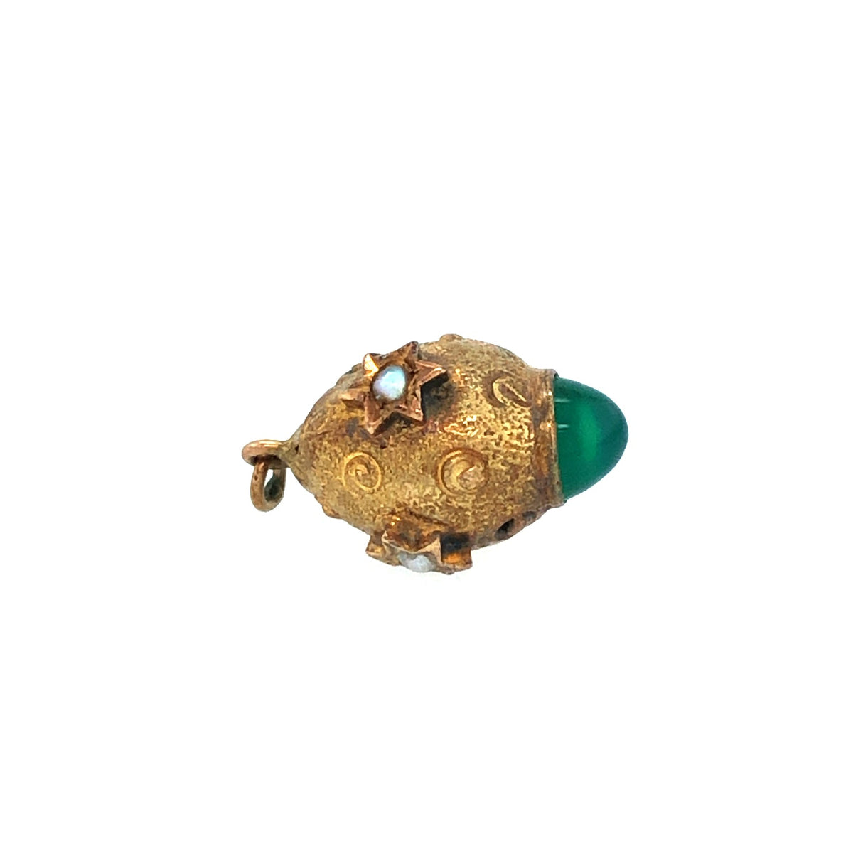 Edwardian 15k Gold Egg Pendant with Chrysoprase and split pearls The Vintage Jewellery Company