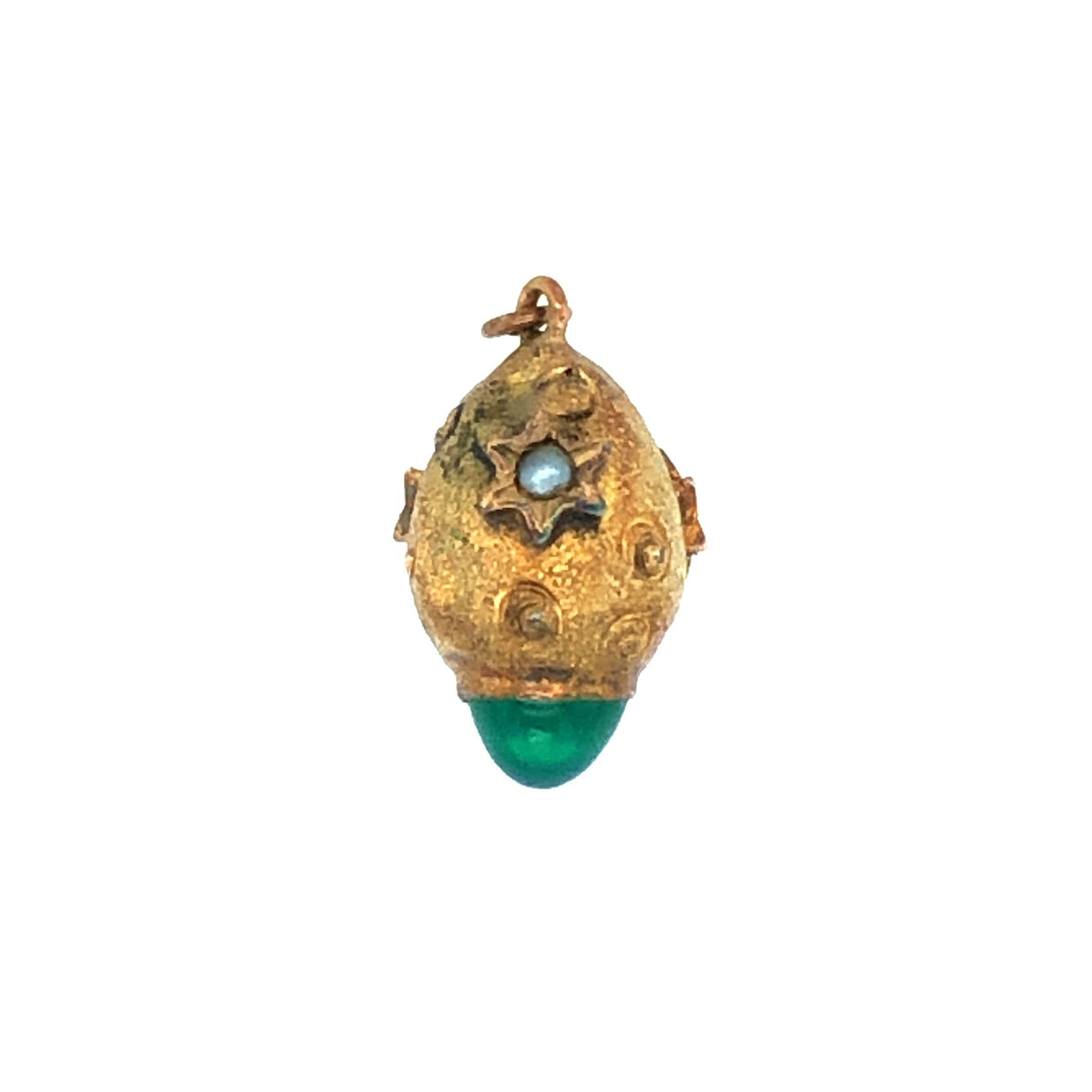 Edwardian 15k Gold Egg Pendant with Chrysoprase and split pearls The Vintage Jewellery Company