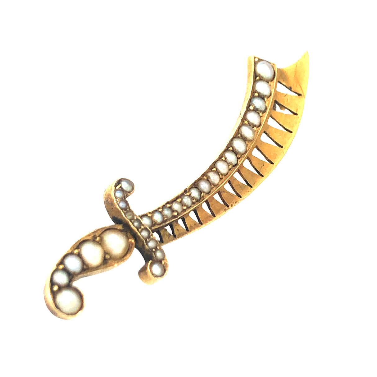 Edwardian Scimitar sword gold and pearl brooch.