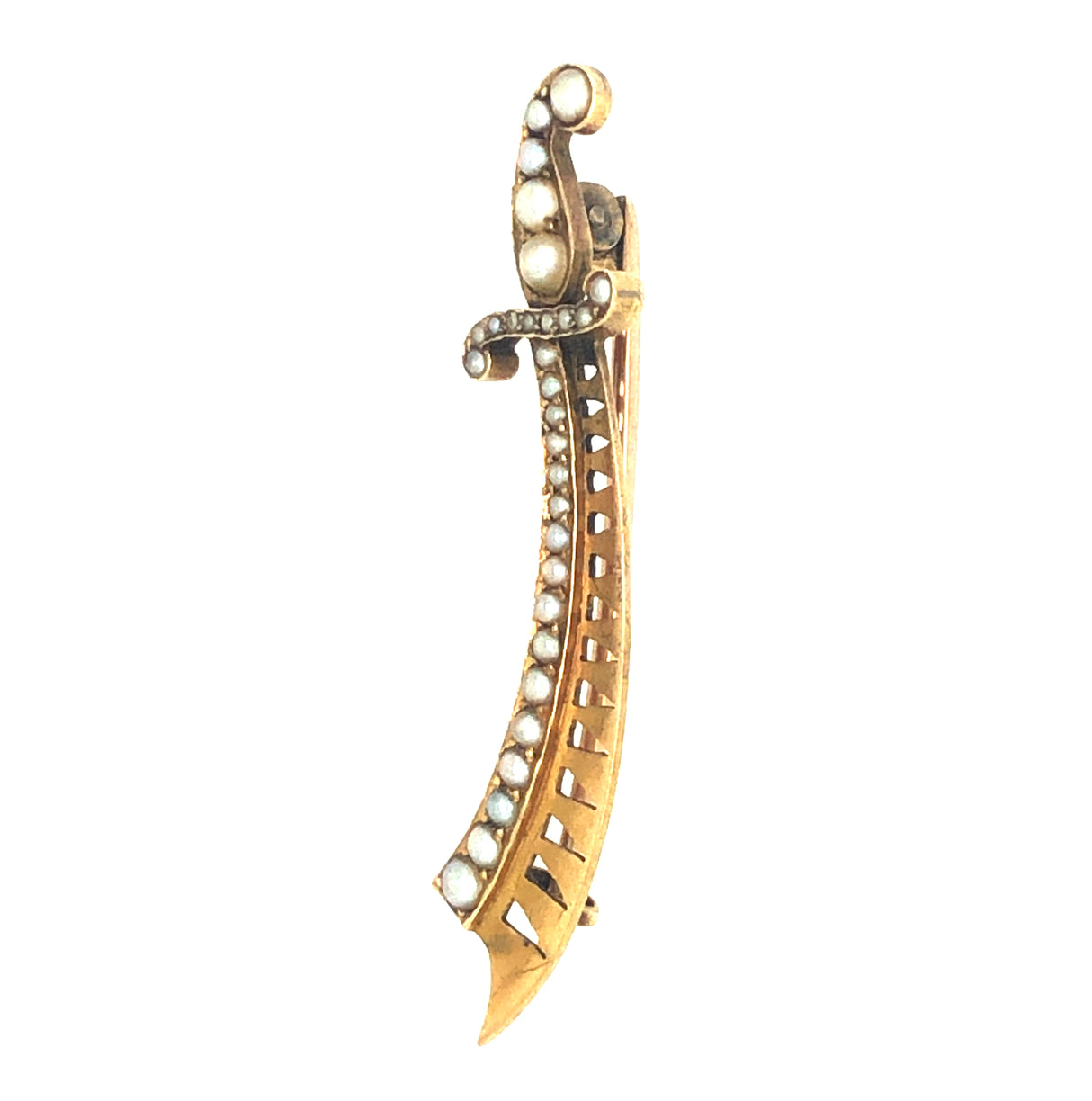 Edwardian Scimitar sword gold and pearl brooch