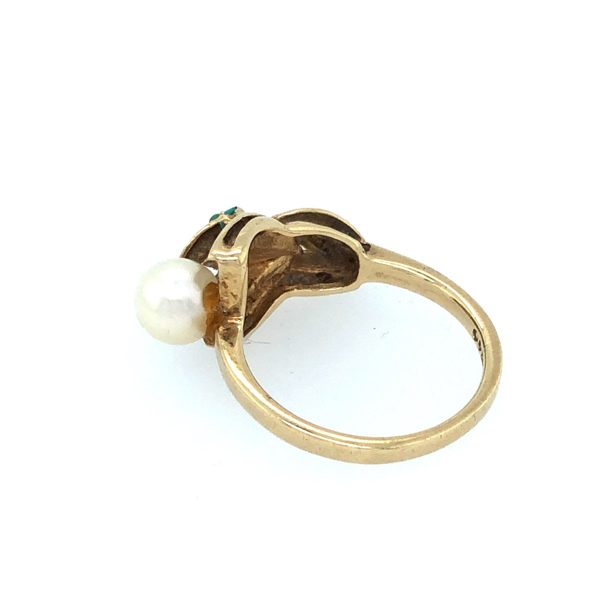 Flower Bypass Ring in 14k Gold with Pearl and Turquoise The Vintage Jewellery Company