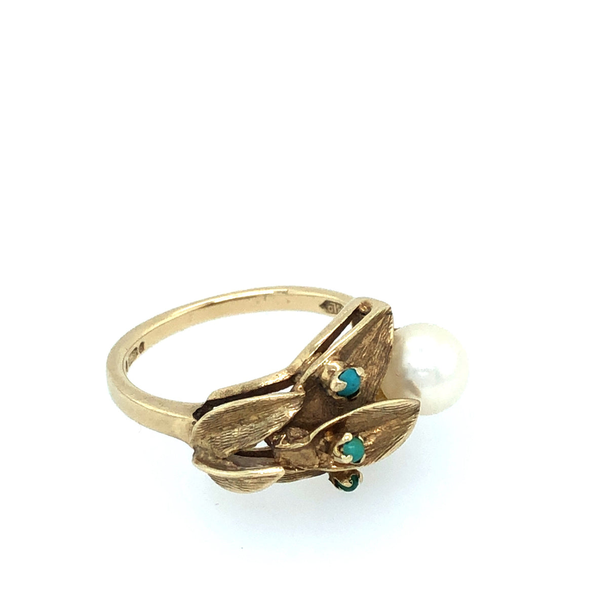 Flower Bypass Ring in 14k Gold with Pearl and Turquoise The Vintage Jewellery Company