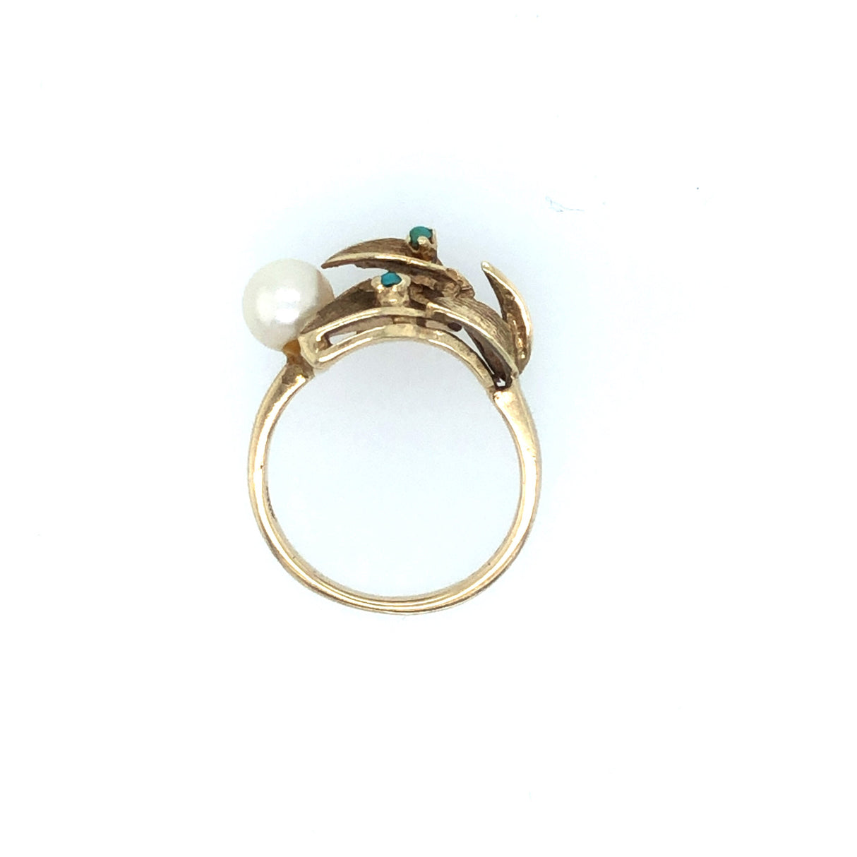Flower Bypass Ring in 14k Gold with Pearl and Turquoise The Vintage Jewellery Company