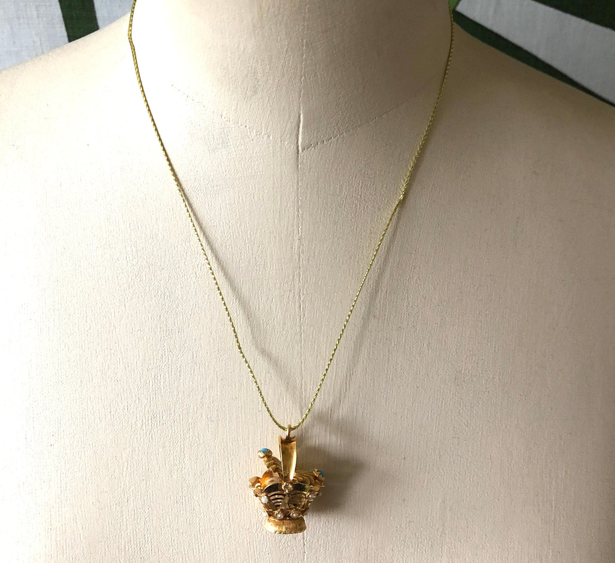 Mid-century Pendant Shaped as Basket with Pearls & Turquoise The Vintage Jewellery Company