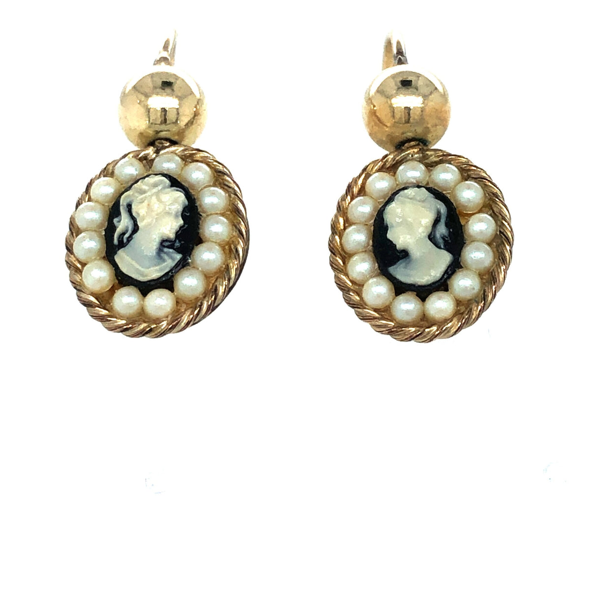 Mid-century Vintage 14k Gold Cameo Vintage Earrings with Fresh Water Pearls The Vintage Jewellery Company