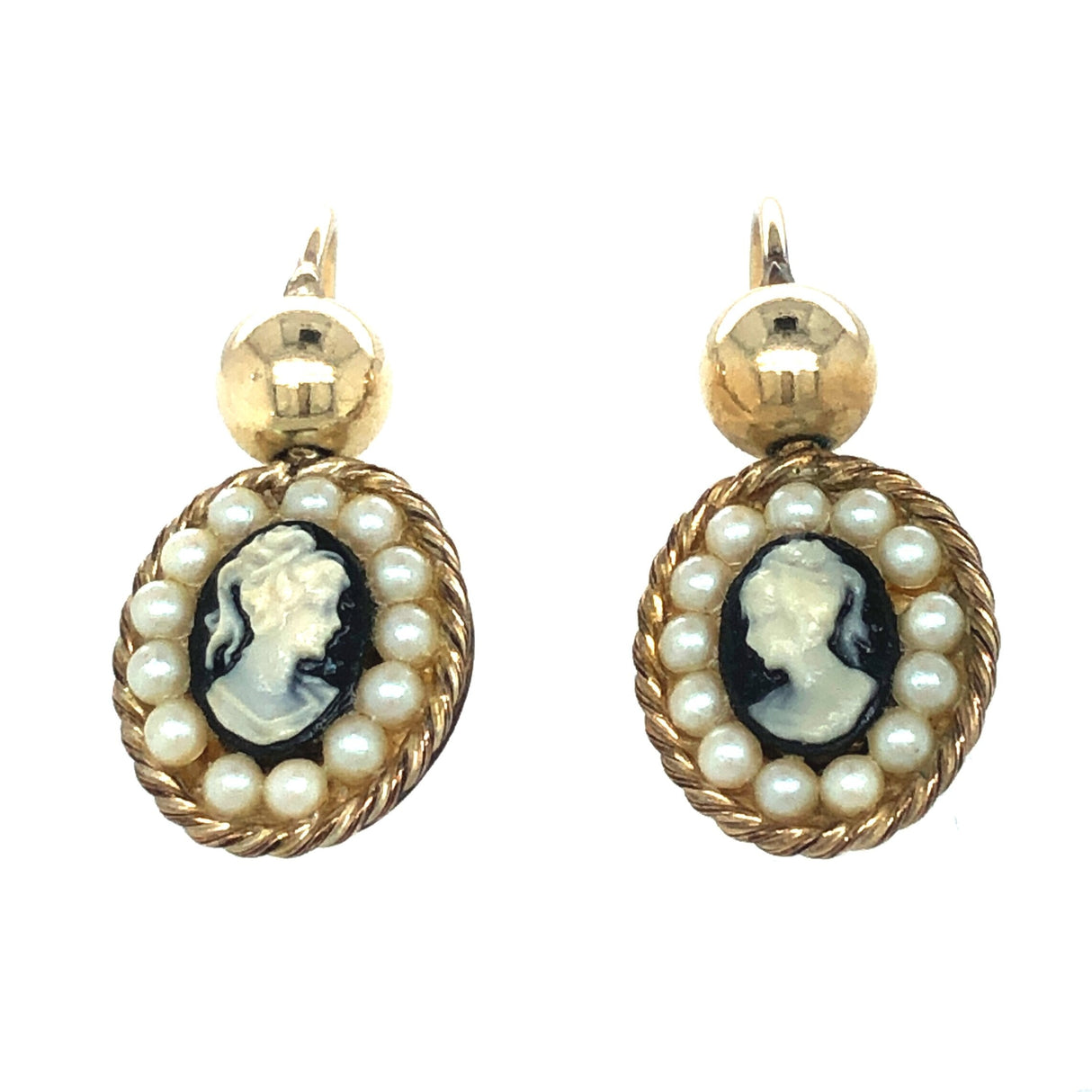 Mid-century Vintage 14k Gold Cameo Vintage Earrings with Fresh Water Pearls The Vintage Jewellery Company