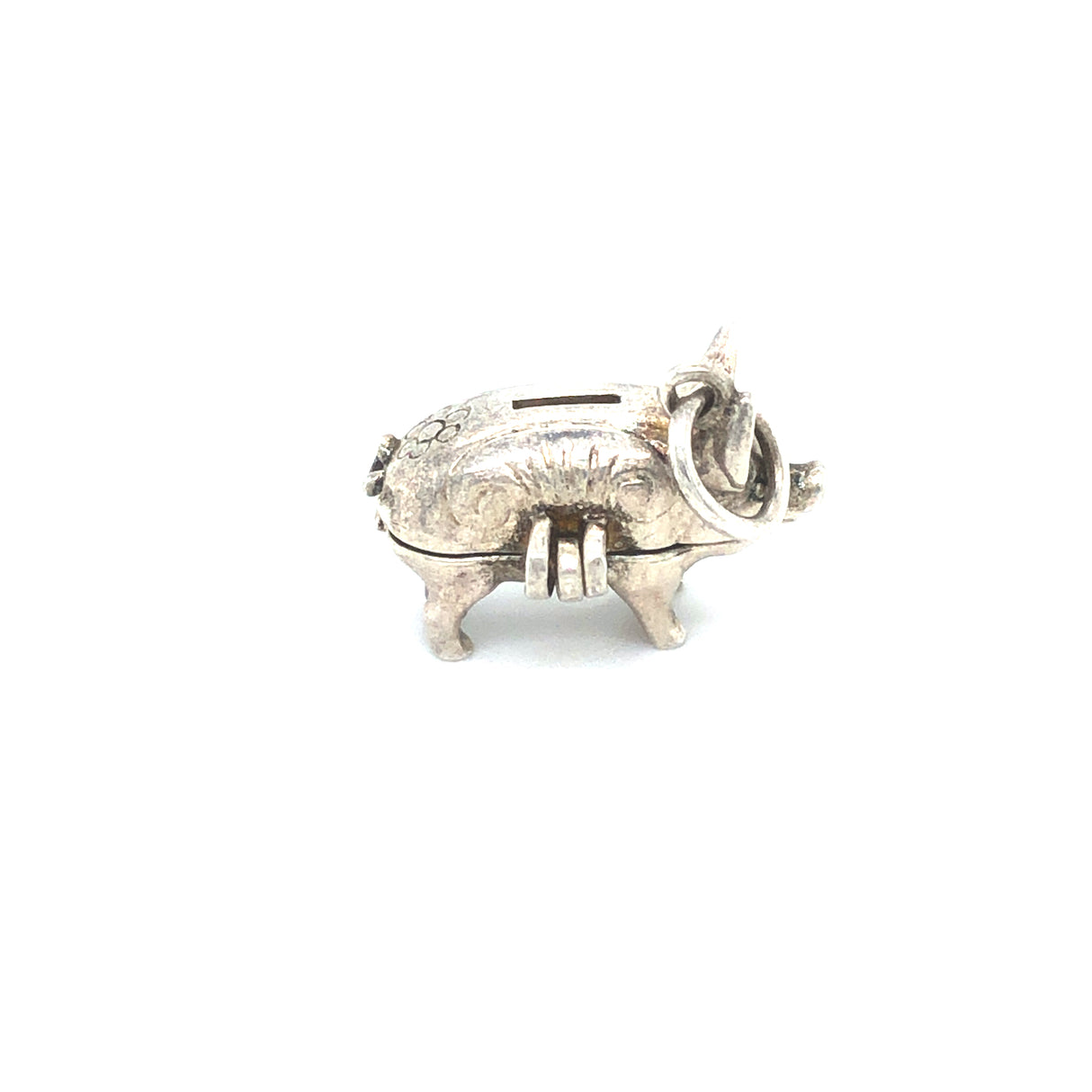 Silver Piggy Bank Opening Vintage Charm Pendant side view