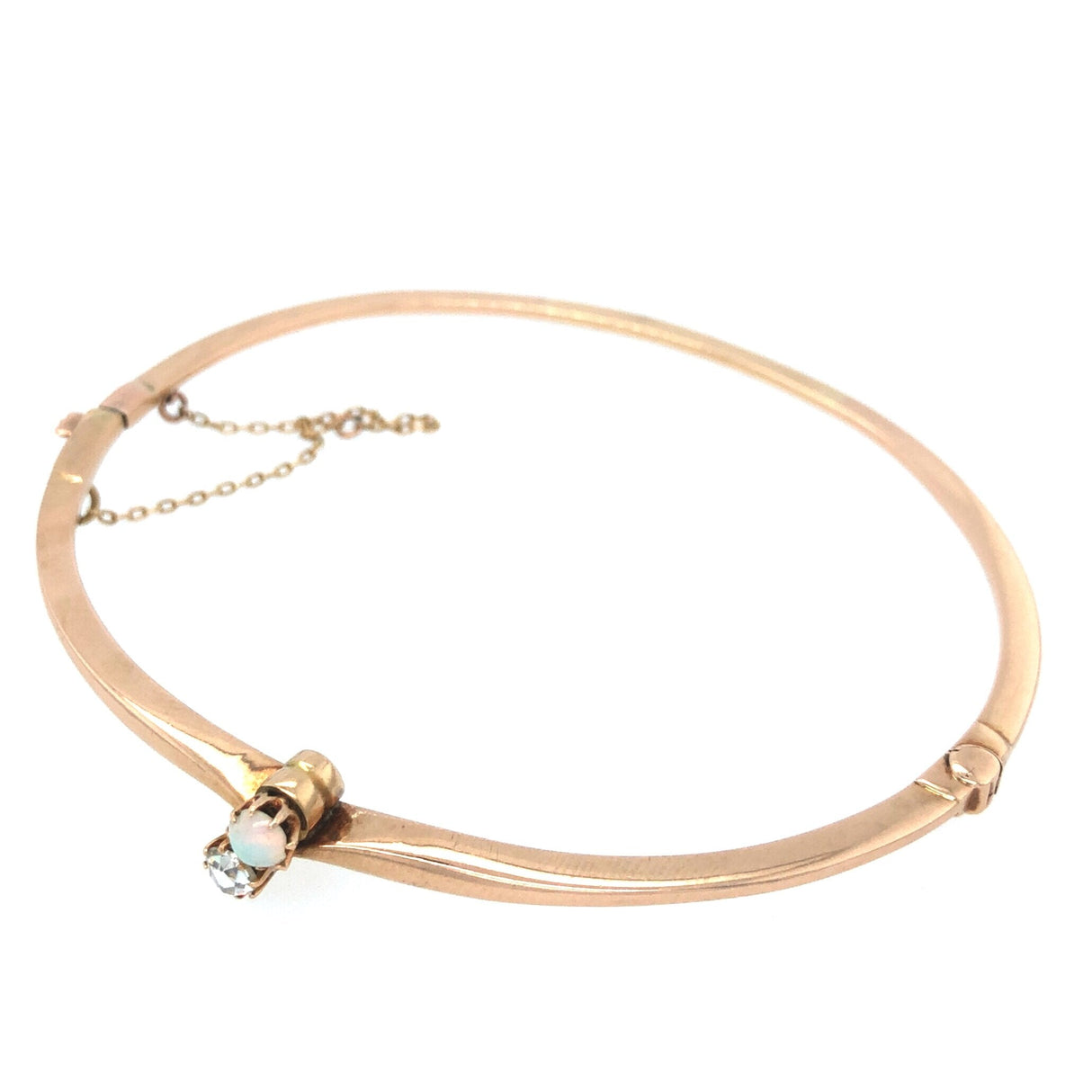 Victorian 15k Gold Antique Bangle with a Fiery Opal and Diamond The Vintage Jewellery Company