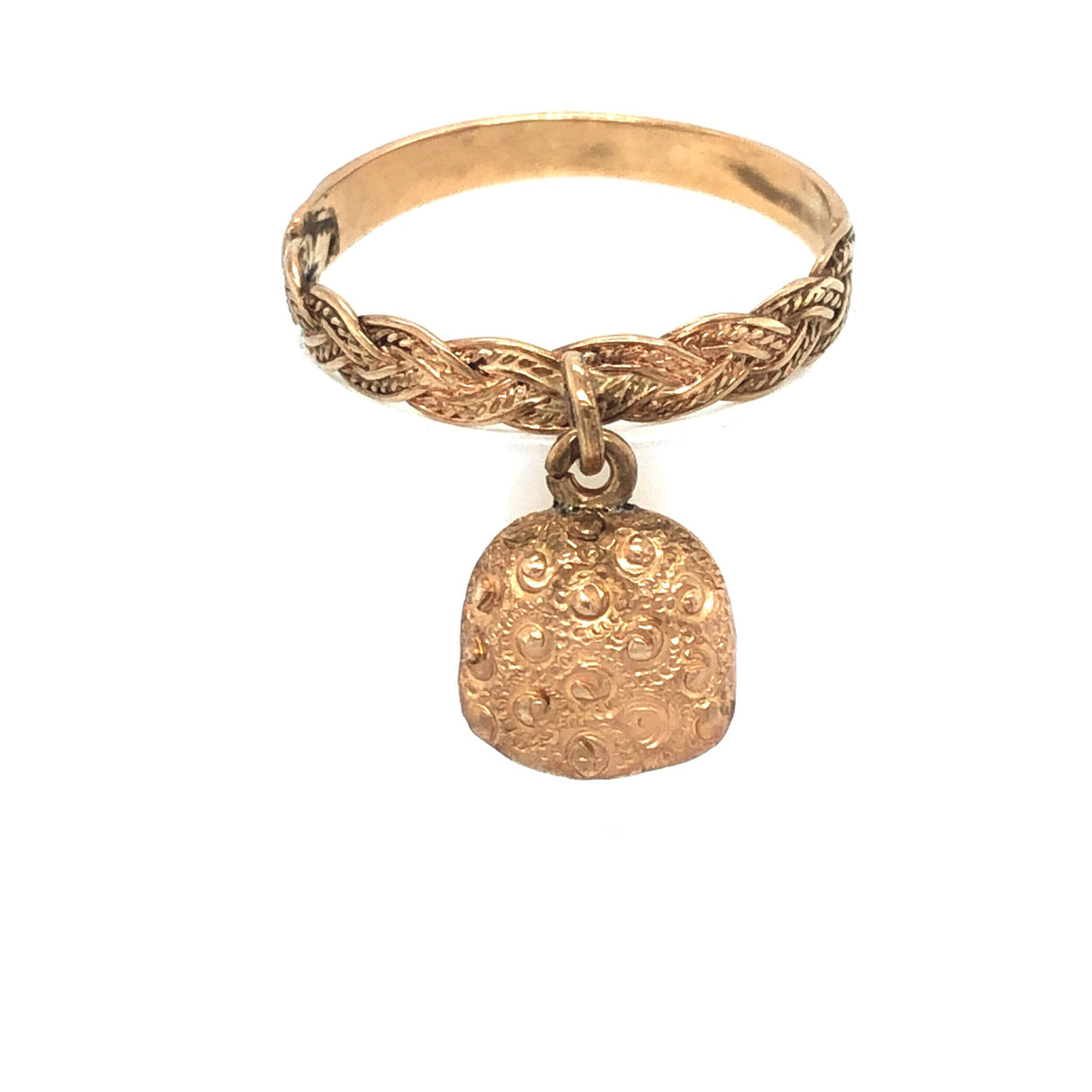 Victorian 9k Gold Ring With Hanging Bell Charm. The Vintage Jewellery Company