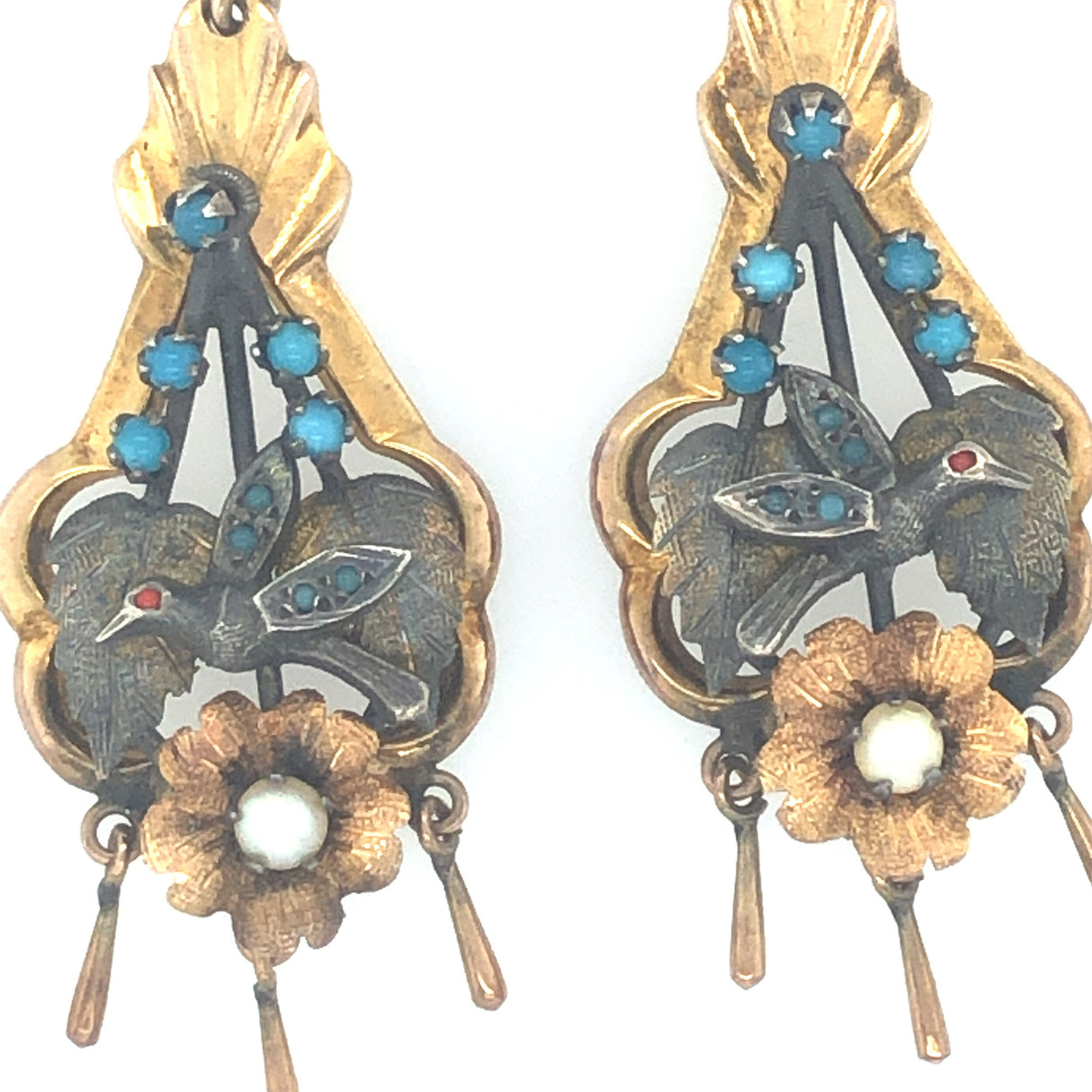 Victorian Silver, 14k Gold, Pearl & Turquoise Drop Earrings with Bird Motif The Vintage Jewellery Company