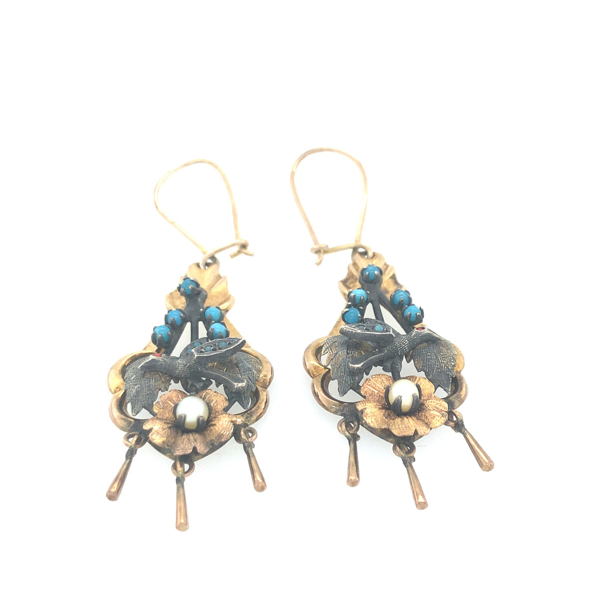 Victorian Silver, 14k Gold, Pearl & Turquoise Drop Earrings with Bird Motif The Vintage Jewellery Company