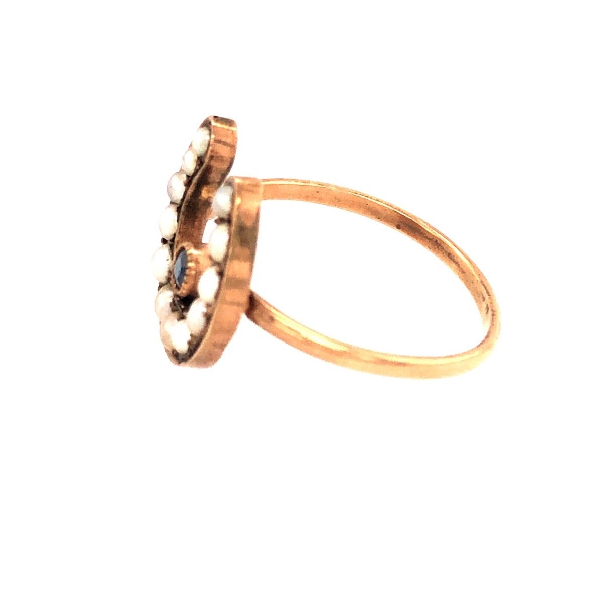 Victorian 15ct Gold, Sapphire and Seed Pearl Horseshoe Ring