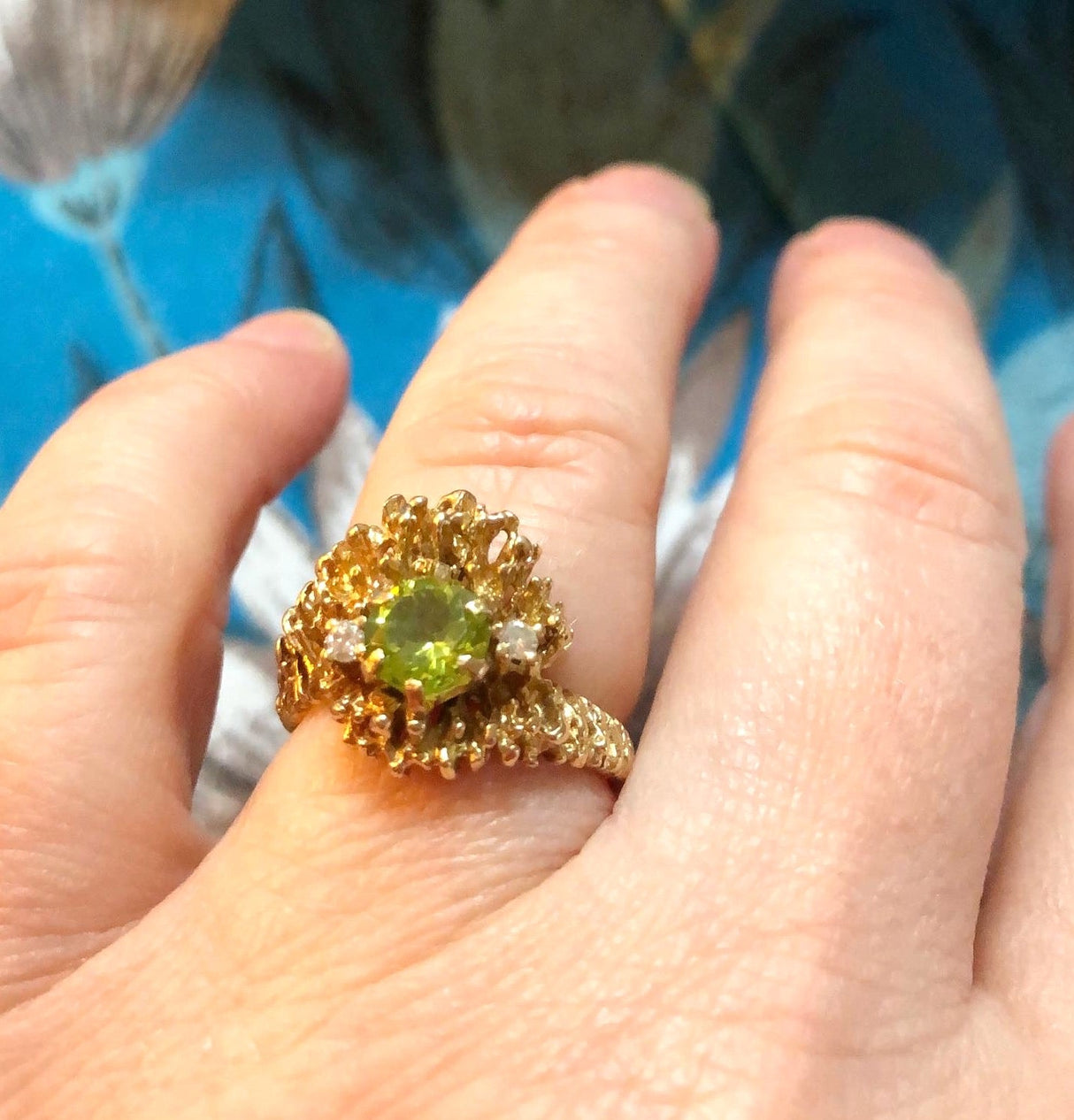 Vintage Peridot & Diamond Dress Ring In Naturalistic Gold Setting The Vintage Jewellery Company