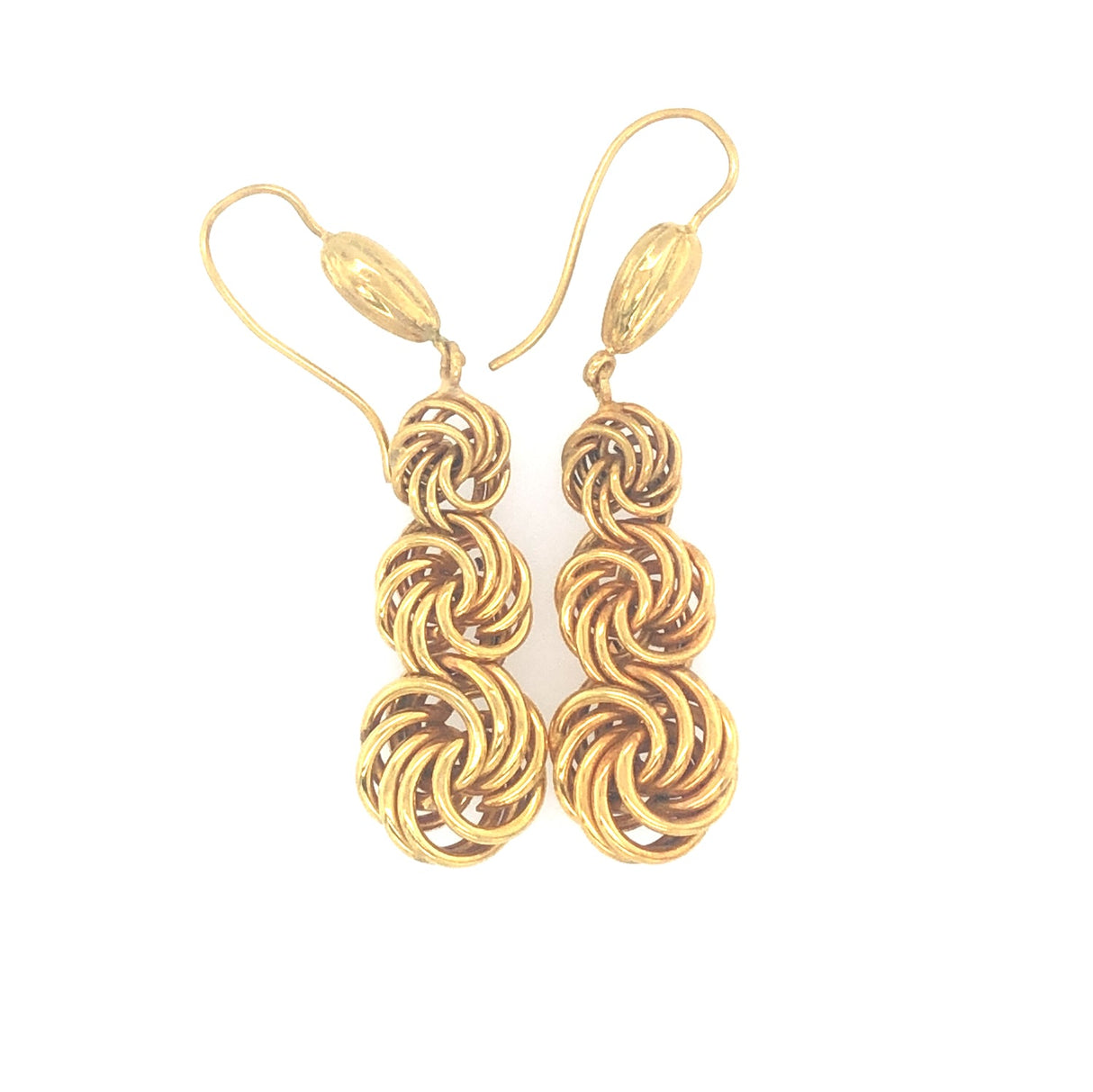 Vintage Revivalist Drop Earrings Gold with Articulated Bodies The Vintage Jewellery Company