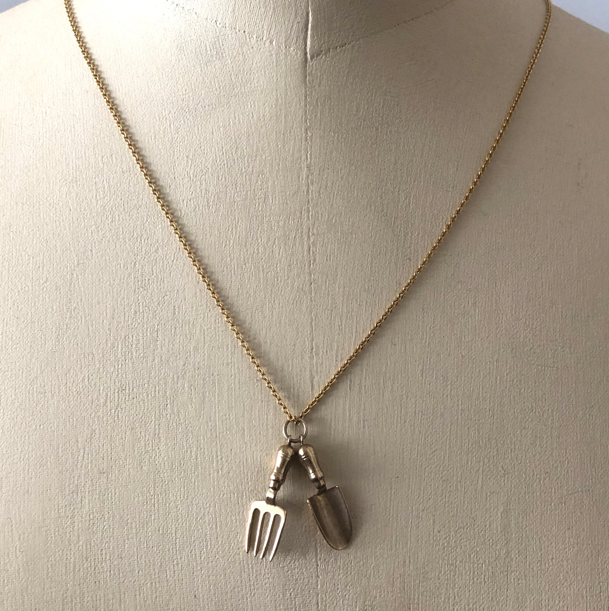 Vintage Gold Garden Tools Trowel & Fork Pendant Charm