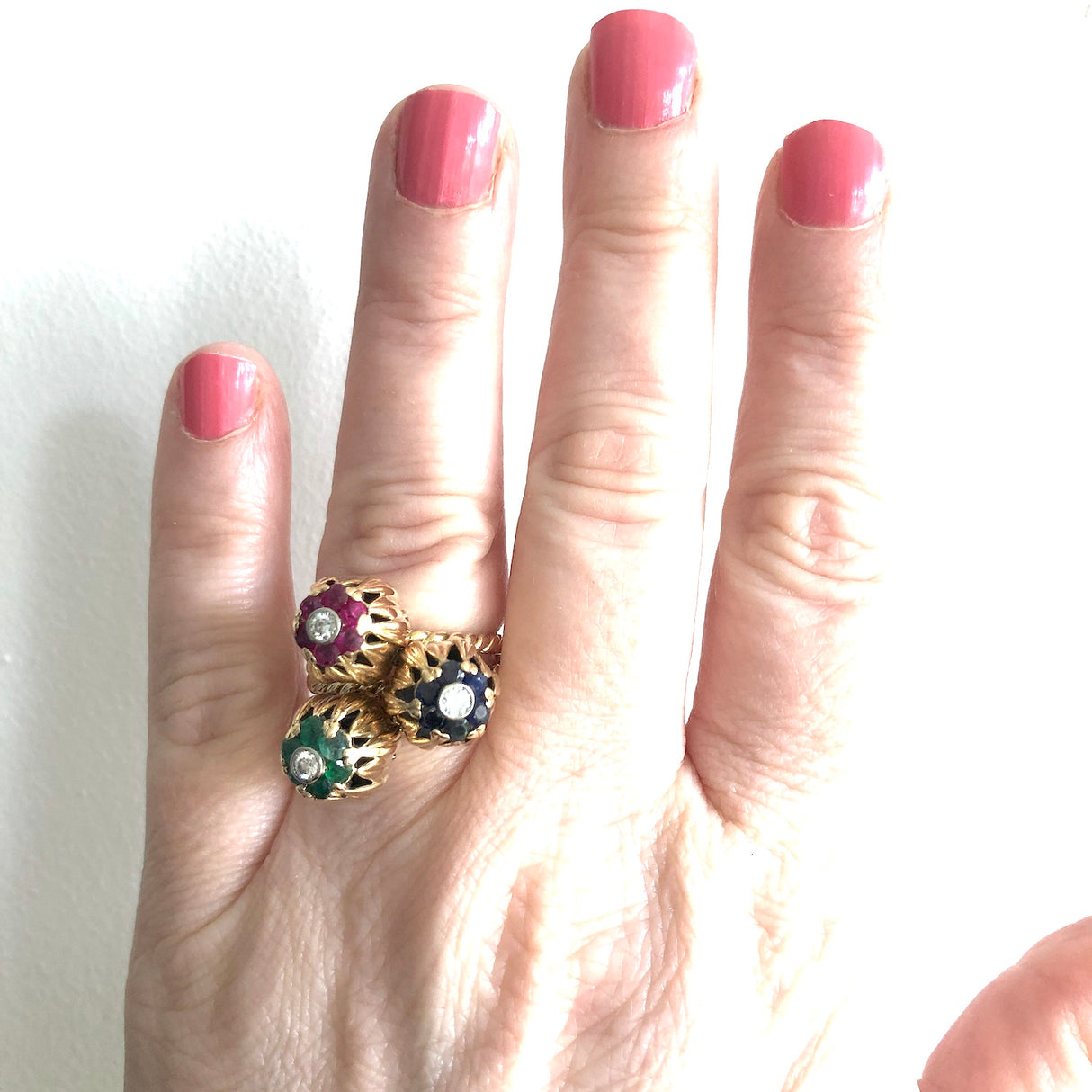 Mid-Century Gold, Ruby, Sapphire, Emerald & Diamond Triple Stacking Ring Set