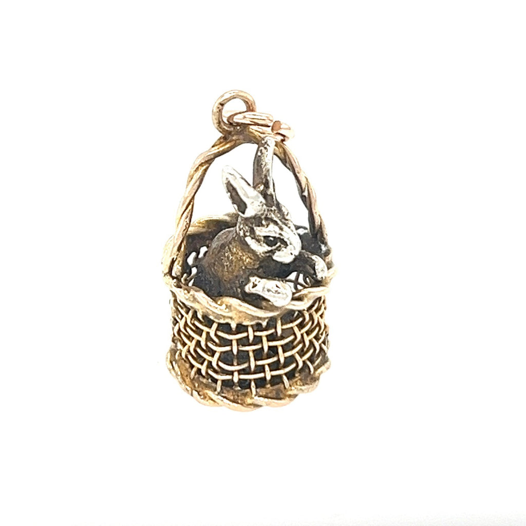 Silver Rabbit in Gold Basket Vintage Pendant