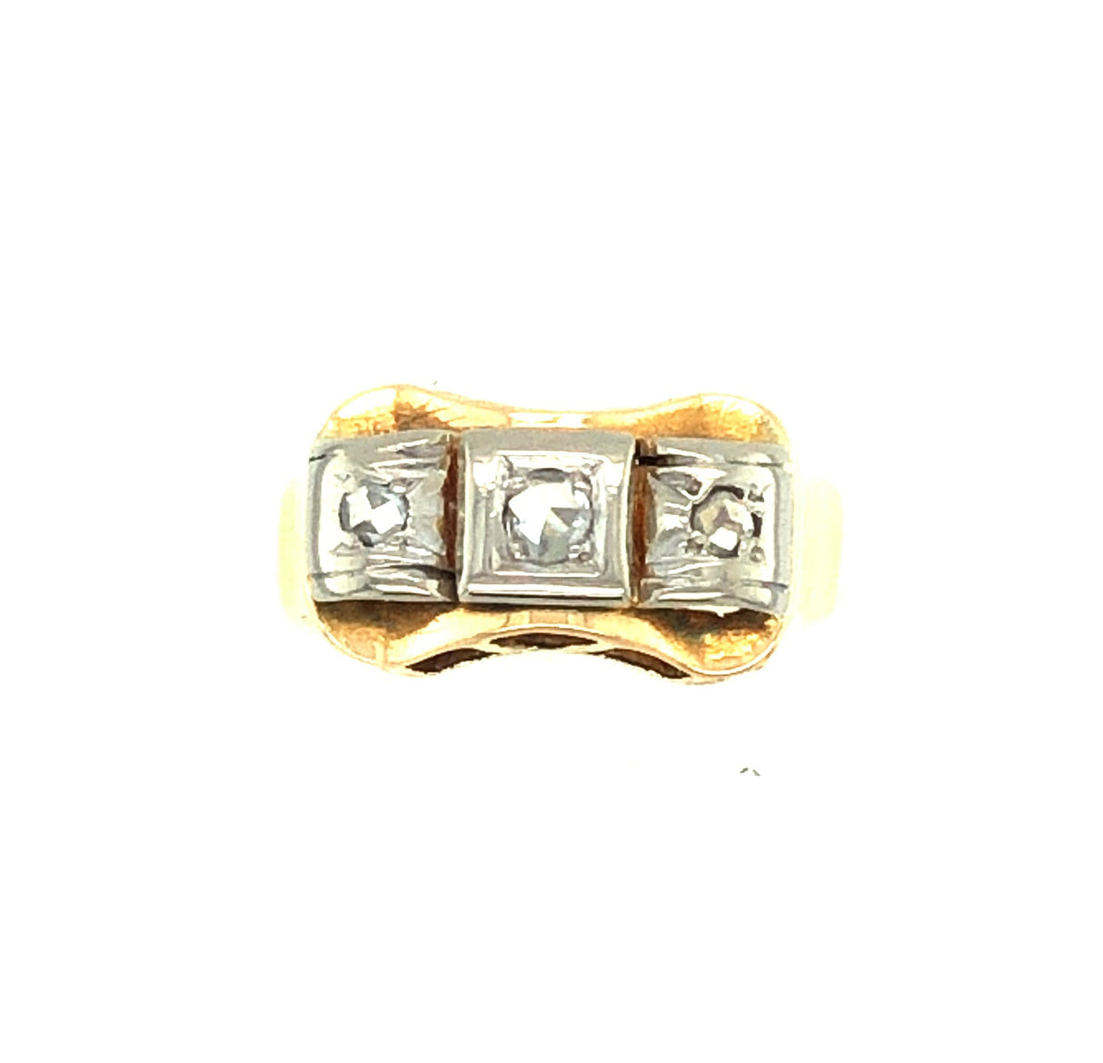 18k Bi-colour Gold Ring with Three Rose-Cut Diamonds The Vintage Jewellery Company
