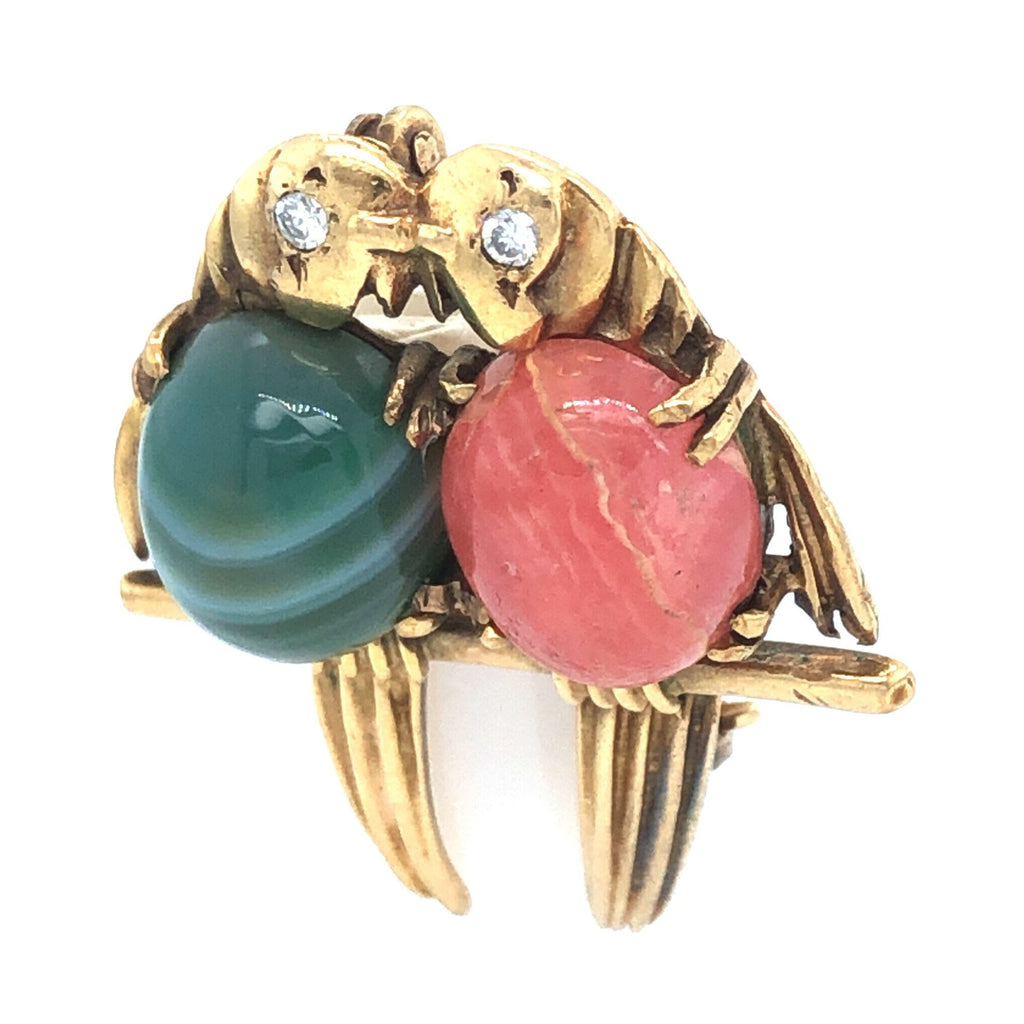 1950's Vintage Parrot Brooch with Diamond, Agate and Rhodochrosite The Vintage Jewellery Company