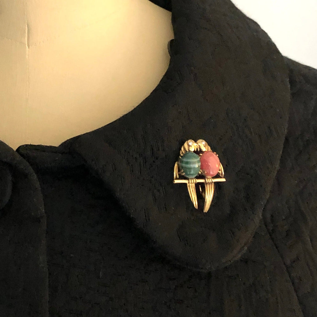 1950's Vintage Parrot Brooch with Diamond, Agate and Rhodochrosite The Vintage Jewellery Company