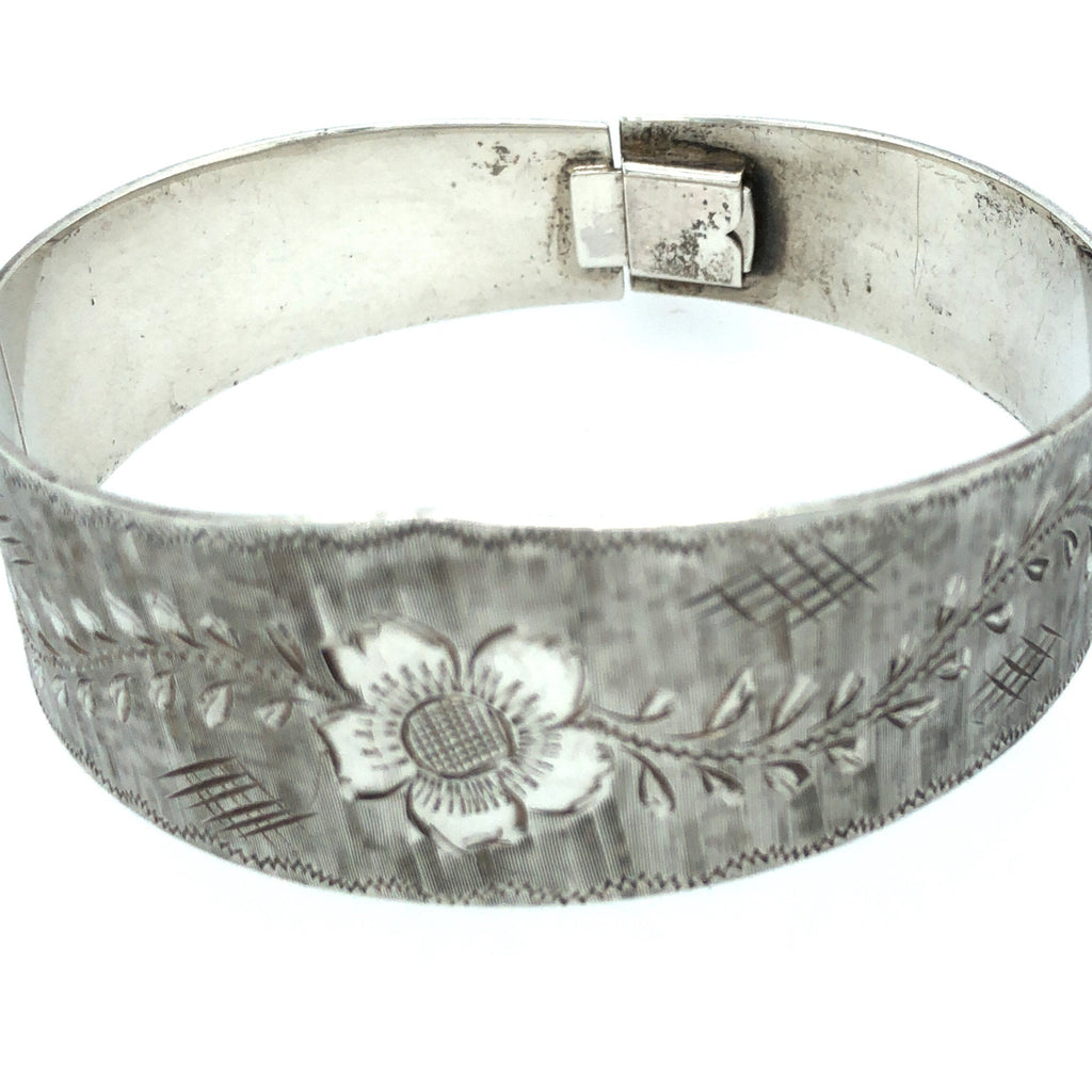 1960's Engraved Silver Hinged Cuff Bangle The Vintage Jewellery Company