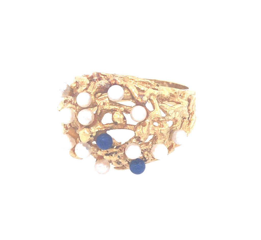 1970s 18k Gold Abstract Ring set with Lapis Lazuli and Pearl Beads The Vintage Jewellery Company