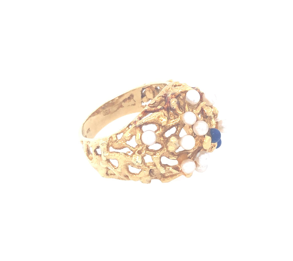 1970s 18k Gold Abstract Ring set with Lapis Lazuli and Pearl Beads The Vintage Jewellery Company