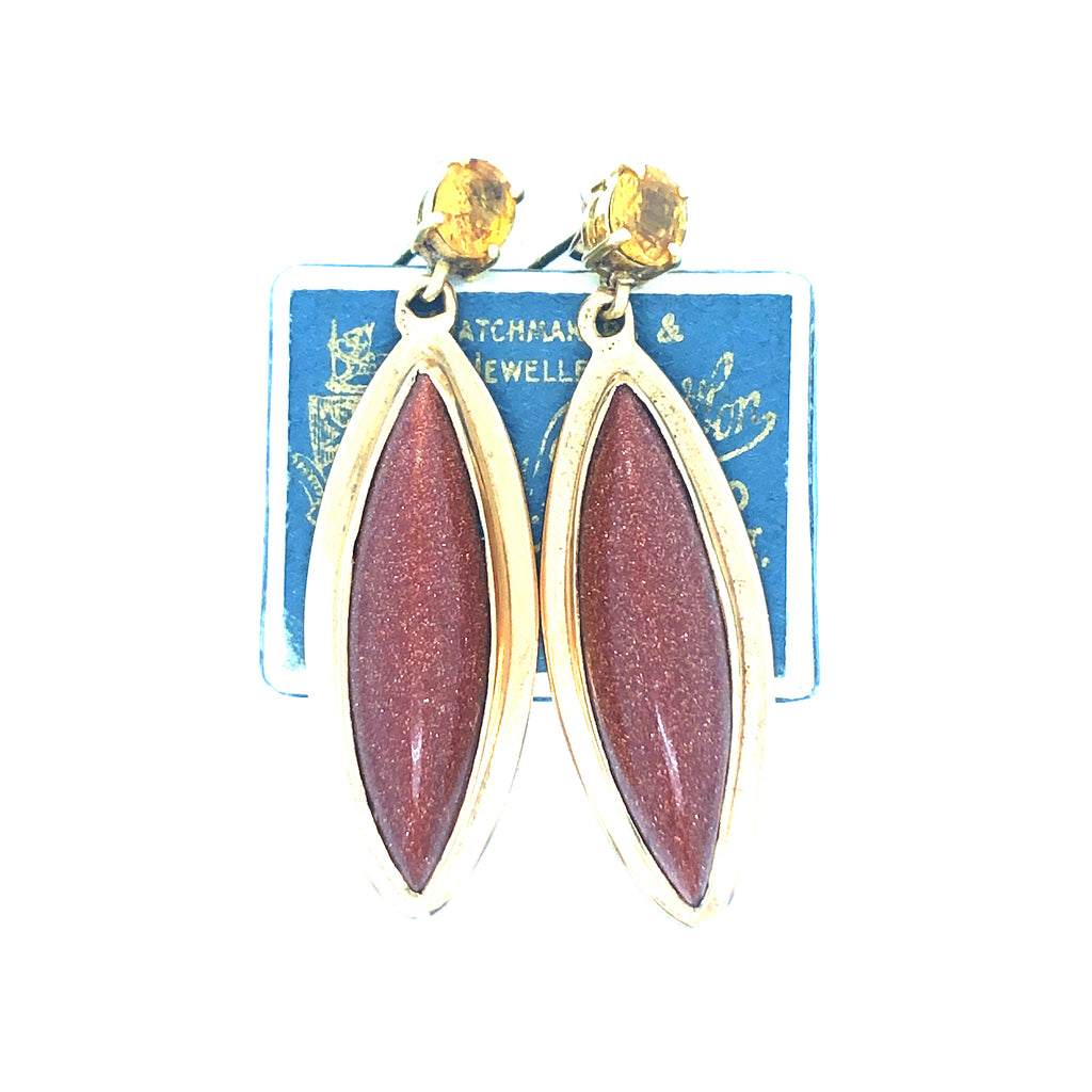 Vintage 18ct Gold, Sunstone and Diamond Drop Earrings