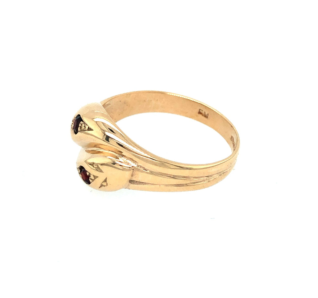 9K Gold Entwined Snake Ring With Garnet Heads The Vintage Jewellery Company