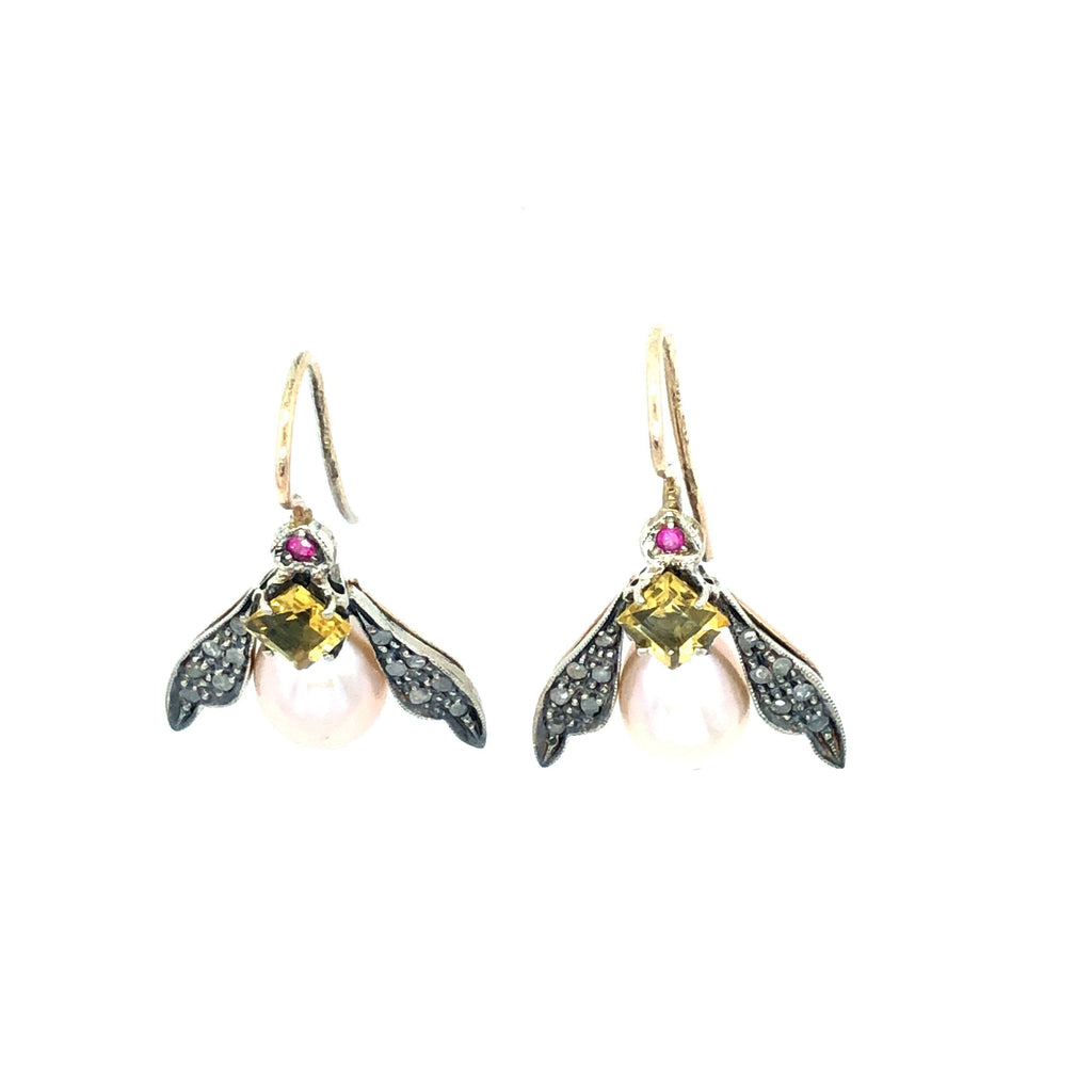 9K Gold Insect Vintage Earrings with Topaz, Ruby and Pearl The Vintage Jewellery Company