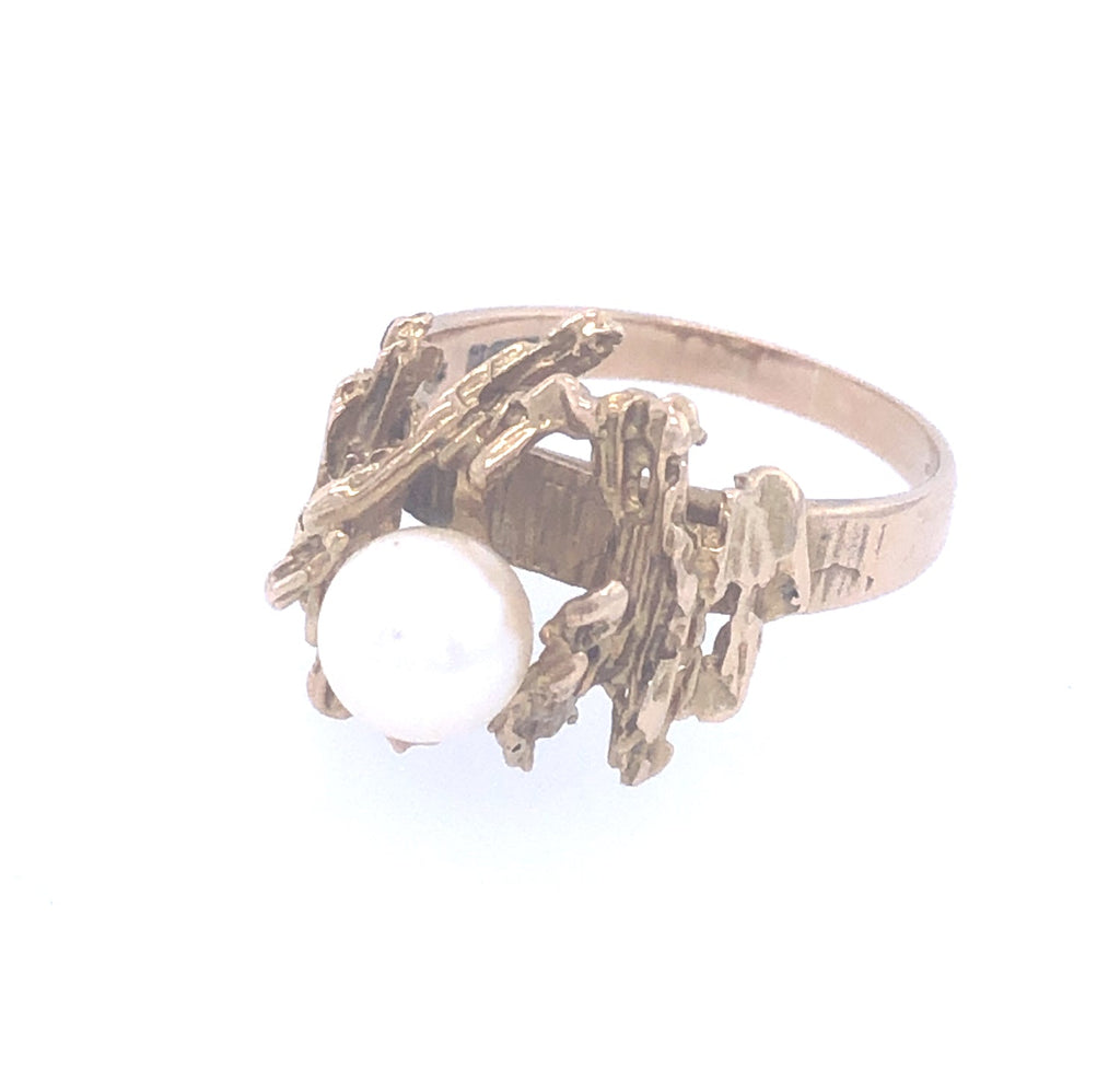 9k gold & pearl vintage ring with a textured bark design The Vintage Jewellery Company