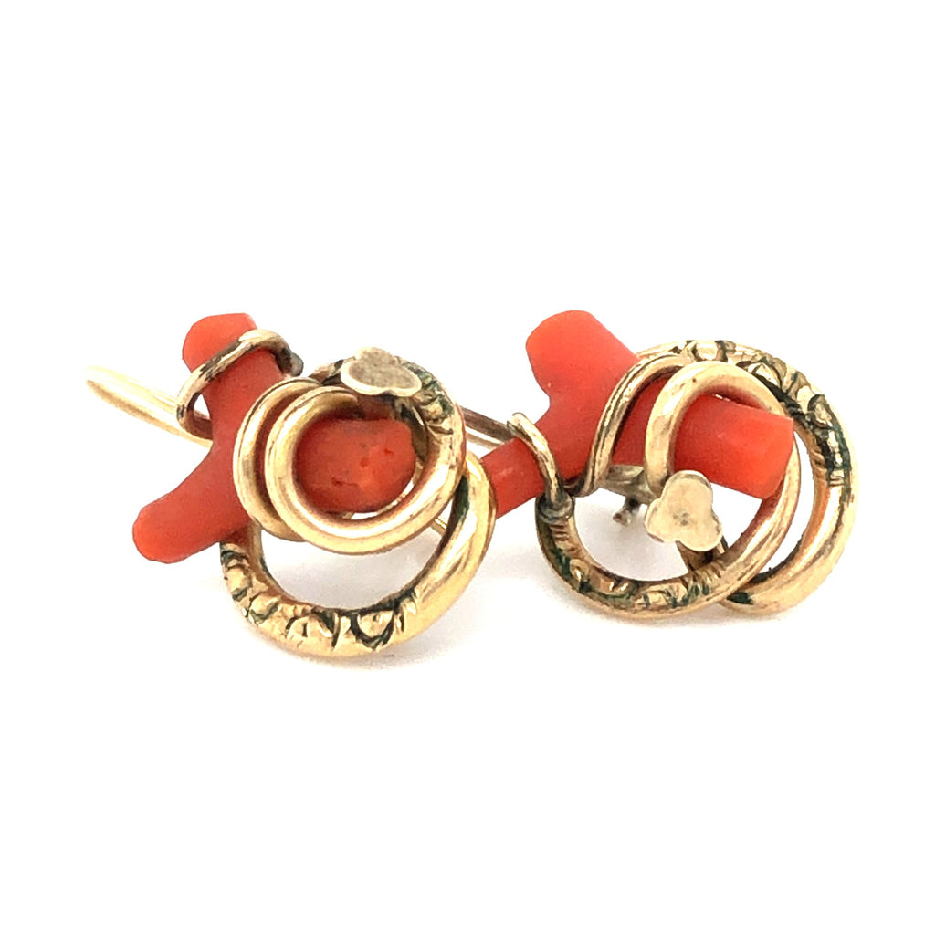 Antique Branch Coral & Gold Drop Victorian Earrings The Vintage Jewellery Company
