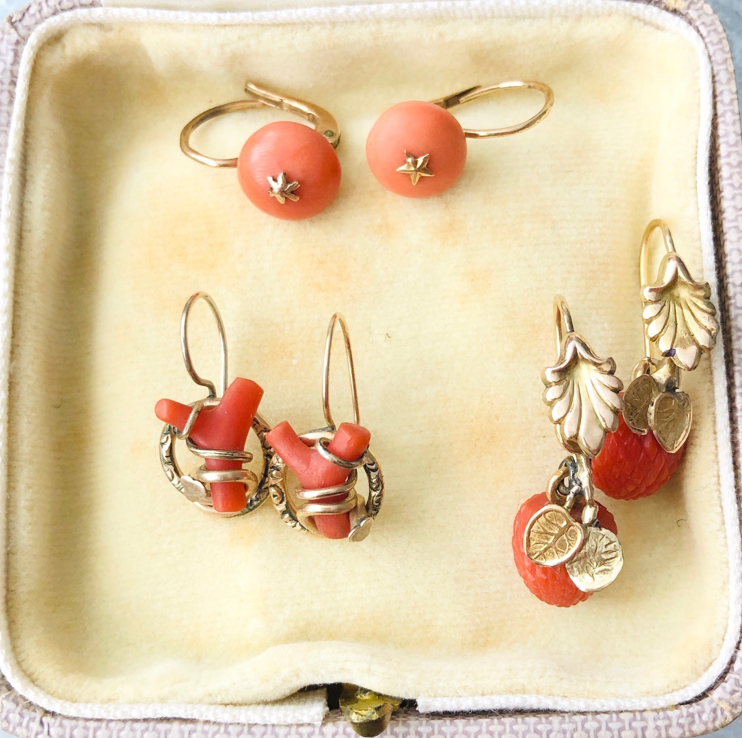 Antique Victorian Composite Coral Gold Earrings