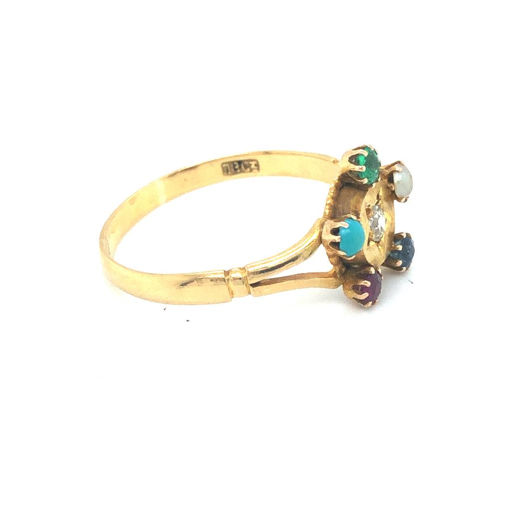 Antique ring in 18ct  Gold  with Diamond, Emerald, Pearl, Sapphire, Ruby & Turquoise