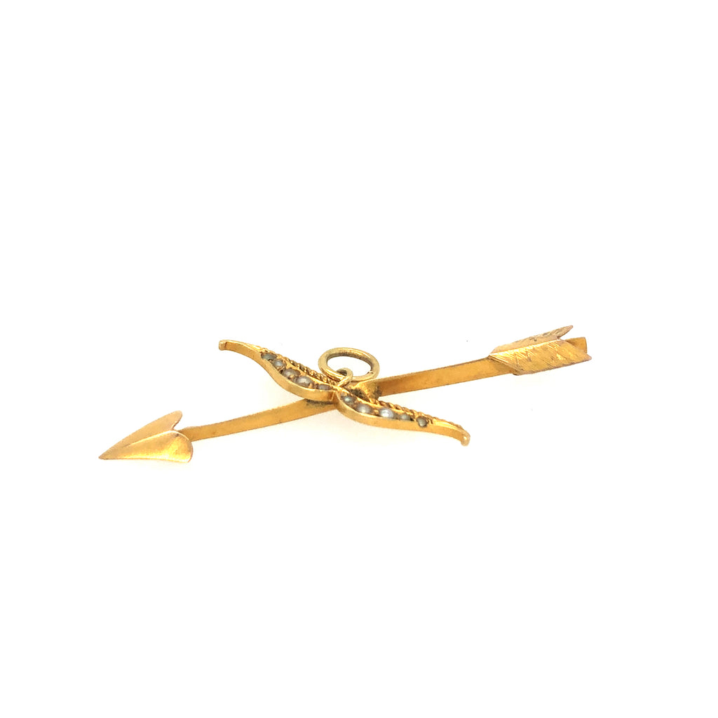 Antique 15ct Gold Seed Pearl Bow & Arrow Pendant