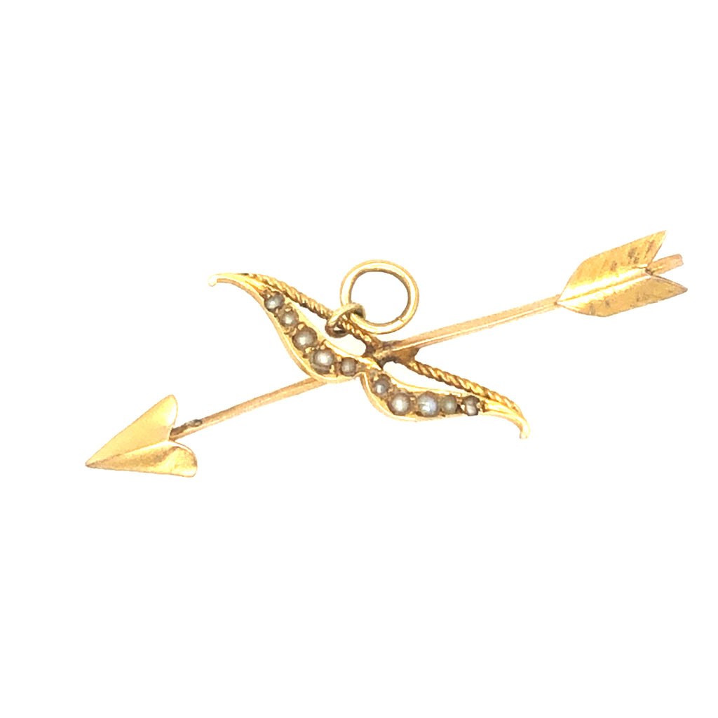 Antique 15ct Gold Seed Pearl Bow & Arrow Pendant