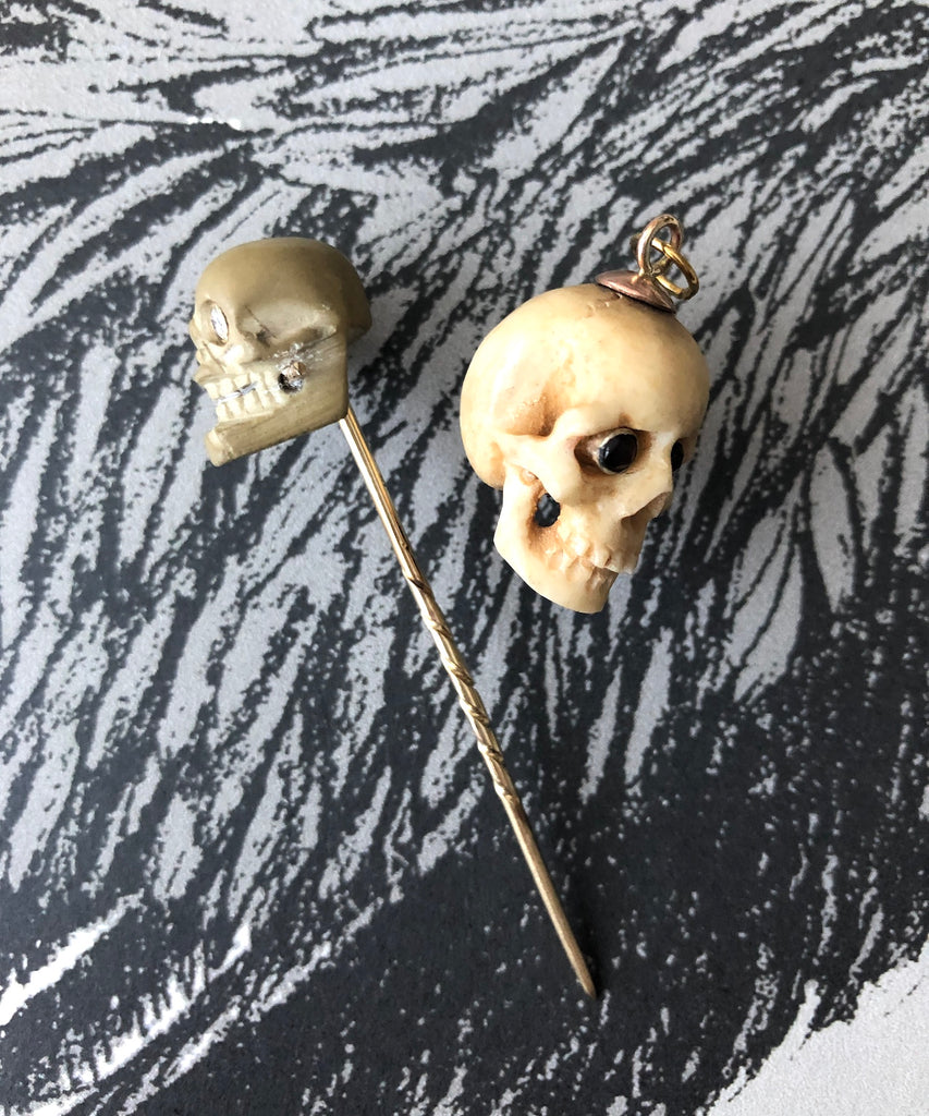 Halloween Antique skull stick pin tie pin with diamond eyes.jpg